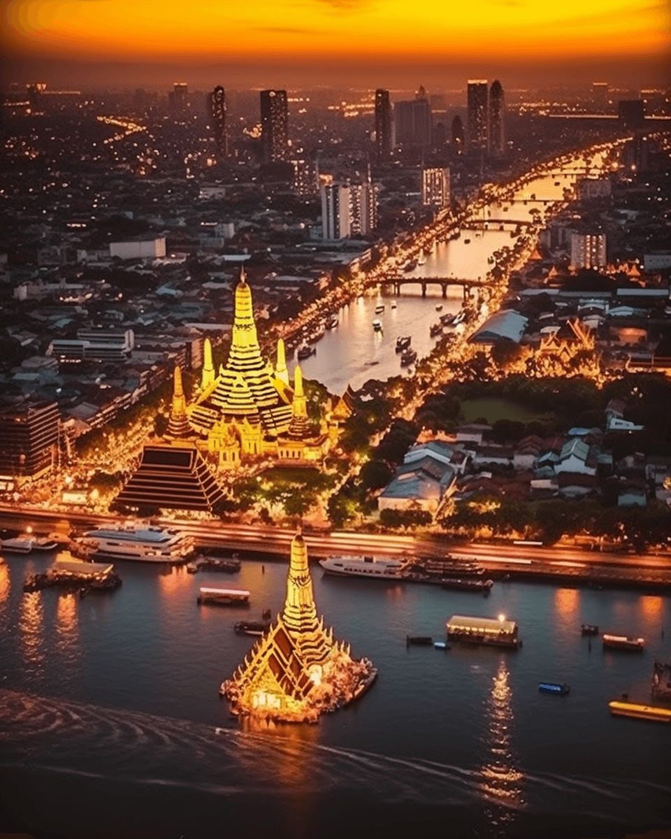 Thailand Tour Package from Kerala Aerial view of Bangkok at sunset with Chao Phraya River, glowing Wat Arun temple, and city skyline blending traditional Thai architecture with modern skyscrapers
