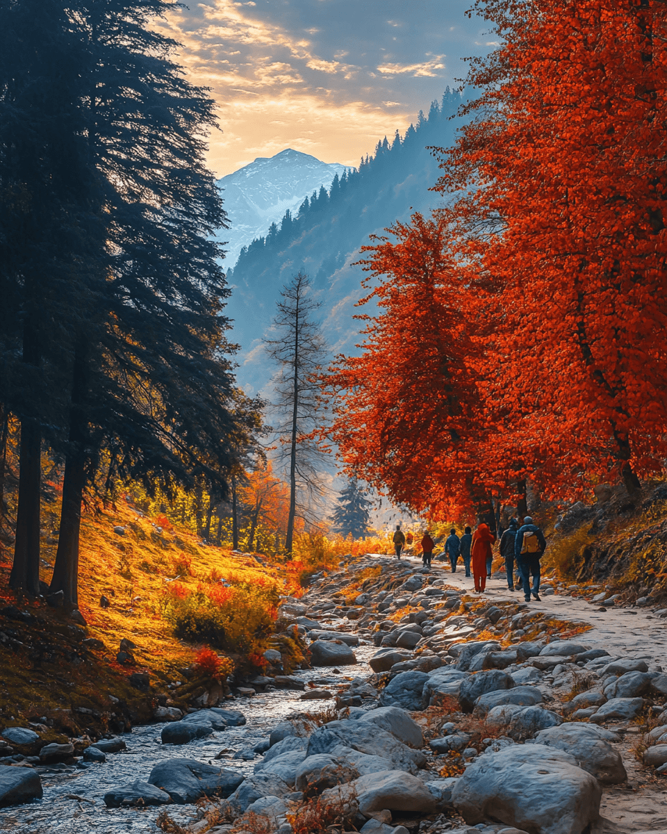Betaab Valley in Autumn – Kashmir Tour Package from Kerala | Tourfly Kashmir tour package from Kerala by Tourfly<br />
- Autumn view of Betaab Valley in Kashmir with vibrant trees and tourists on walking trails