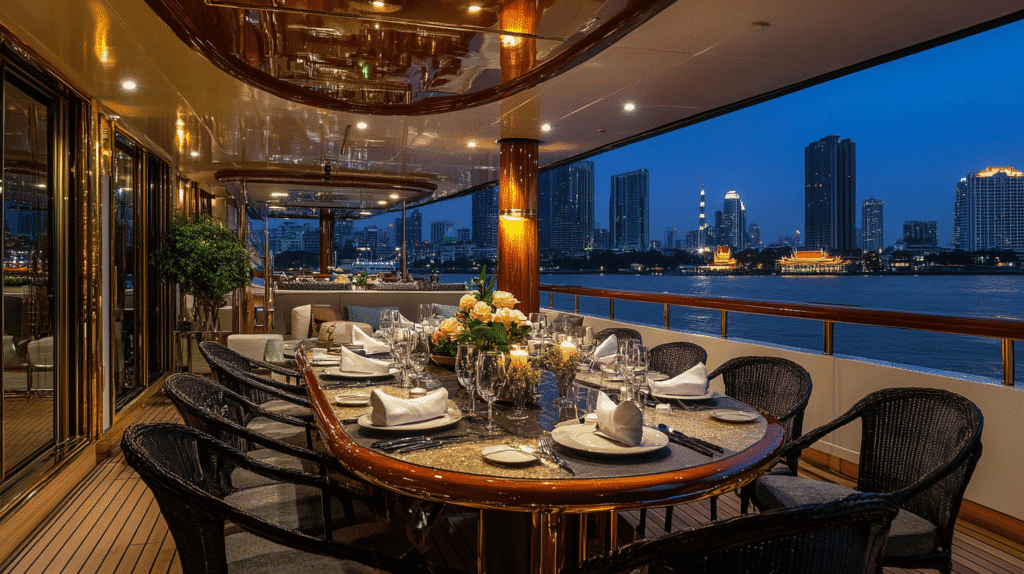 Chao Phraya Princess dinner cruise in Bangkok with ambient lighting, temple silhouettes, and skyscrapers – perfect for customized Thailand tour from Kerala with Tourfly.
