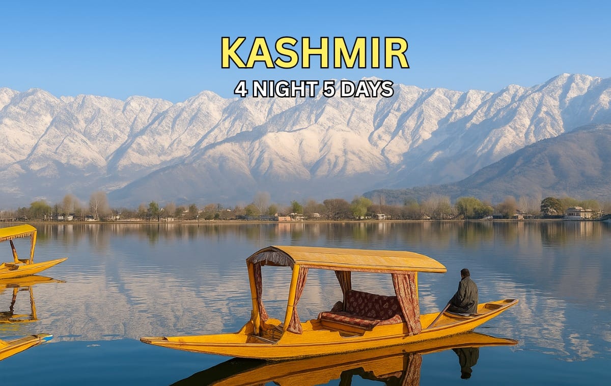 Kashmir tour package from Kerala by Tourfly - Snow-covered landscape in Kashmir with shikara on Dal Lake