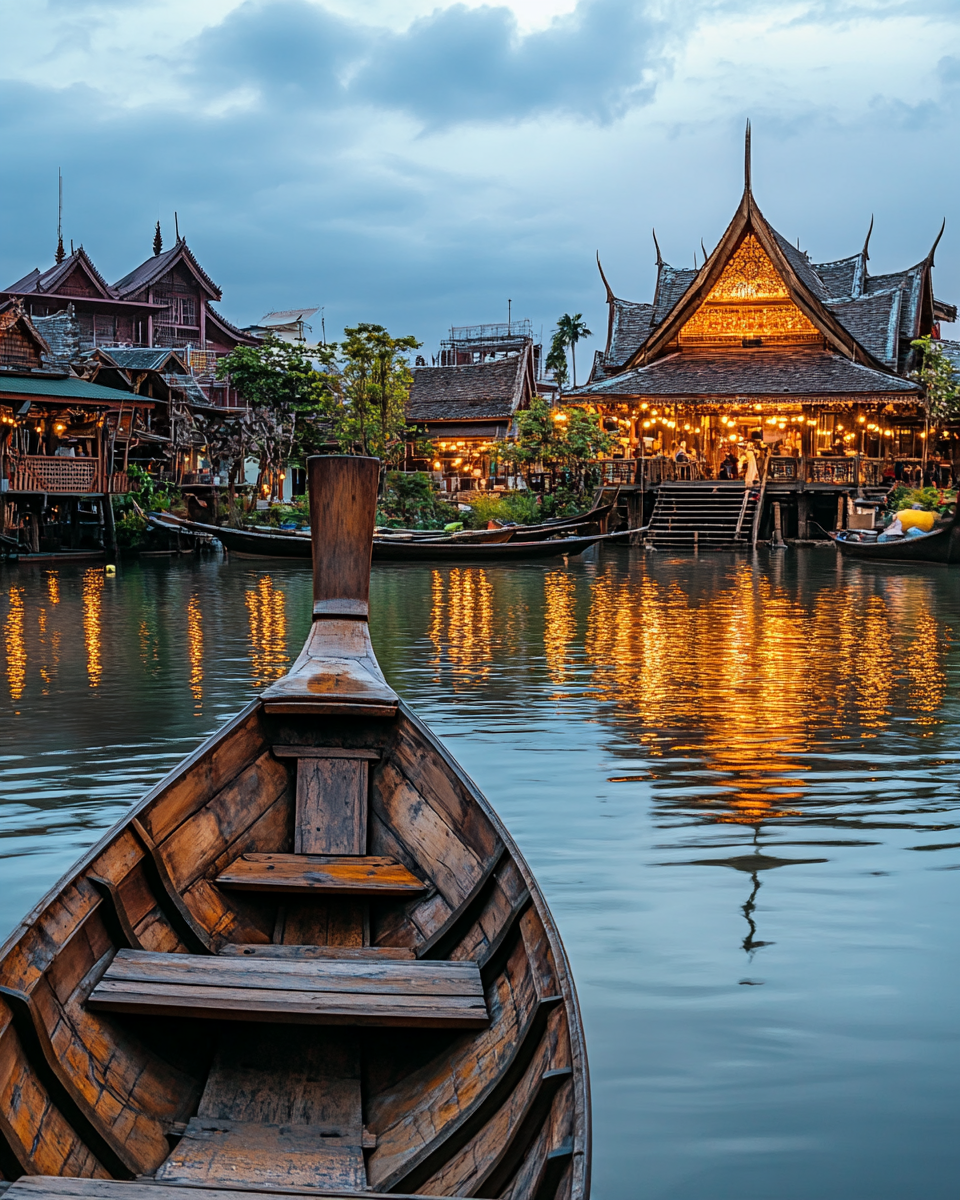 Pattaya Floating Market – Thailand Group Tour from Kerala for Onam 2025 Thailand Group Tour from Kerala for Onam 2025- Lantern-lit wooden boat floating on calm waters at Pattaya Floating Market, with traditional Thai houses and warm reflections
