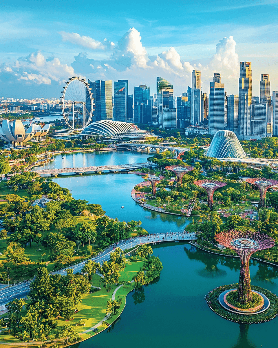Singapore Tour Package from Kerala – Explore Marina Bay & Gardens by the Bay | Tourfly Daytime aerial view of Singapore skyline with Marina Bay Sands, Supertree Grove, and Singapore Flyer – Singapore tour package from Kerala
