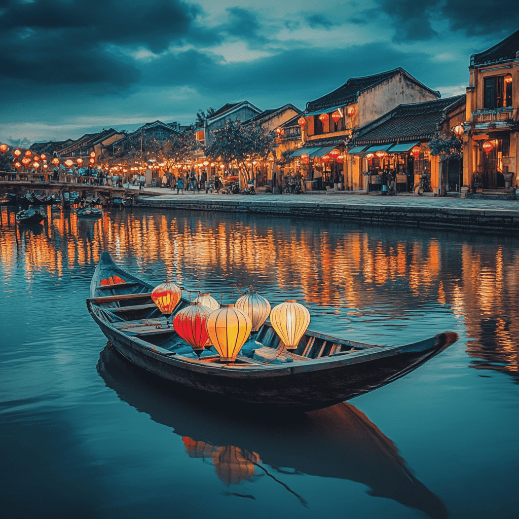 Hoi An Lantern Boat Ride – Vietnam Tour Package from Kerala Vietnam Group Tour Package from Kerala -Traditional wooden boat with colorful lanterns floating on the river in Hoi An at night, glowing reflections, warm-lit yellow buildings in background – ideal for Vietnam Tour Package from Kerala