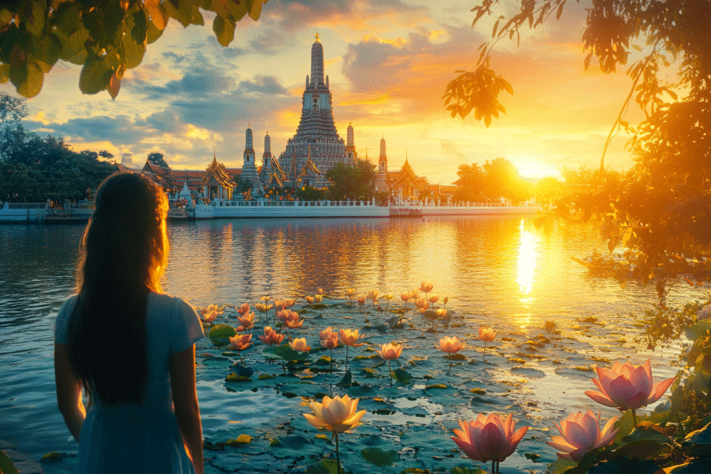 Glowing sunset view of Wat Arun temple in Bangkok with lotus ponds and golden skies – captured to represent spiritual travel curated by Kerala-based trusted travel agency Tourfly