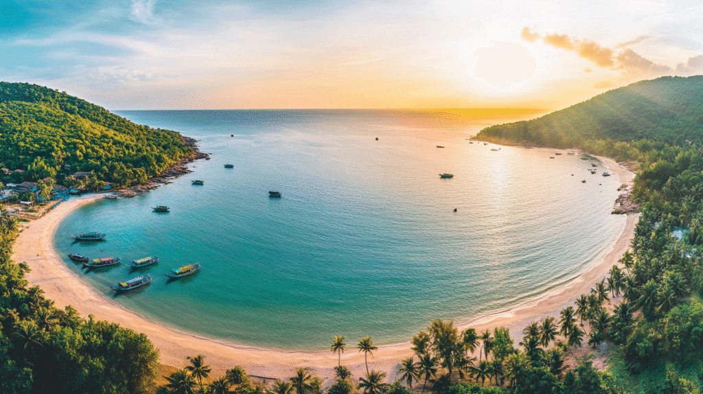 Phu Quoc Vietnam beach view with green hills and traditional boats at sunset – perfect for Kerala holiday packages