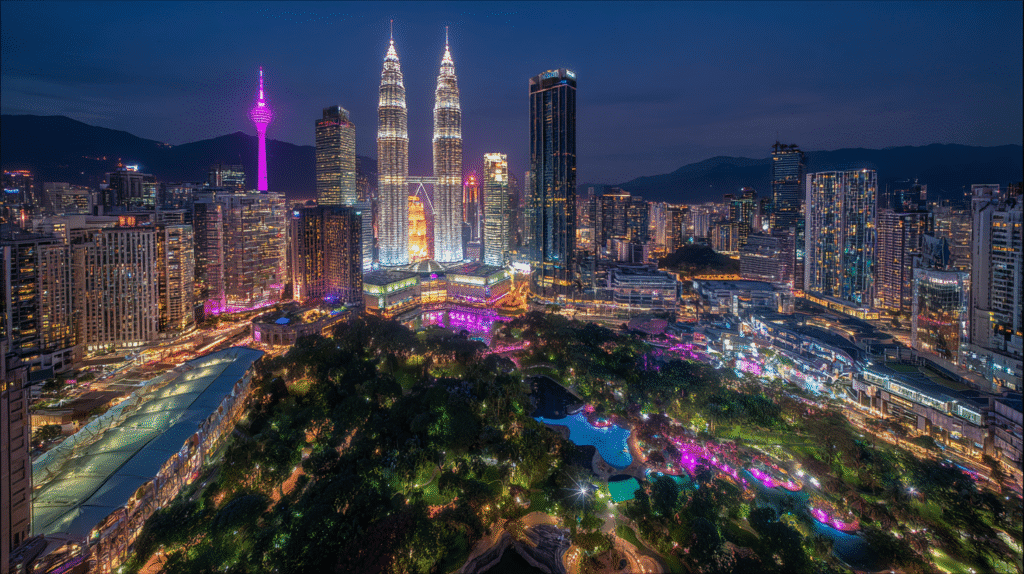 Dazzling night cityscape of Kuala Lumpur with Petronas Twin Towers, KL Tower, and illuminated skyline during Malaysia combo tour from Kerala