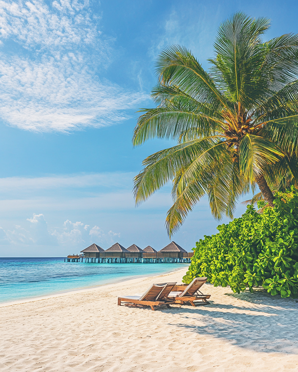 Maldives Family Tour Packages from Kerala – Relaxing Beach Holidays Maldives beach with palm trees, sun loungers, and overwater villas—perfect for family getaways from Kerala