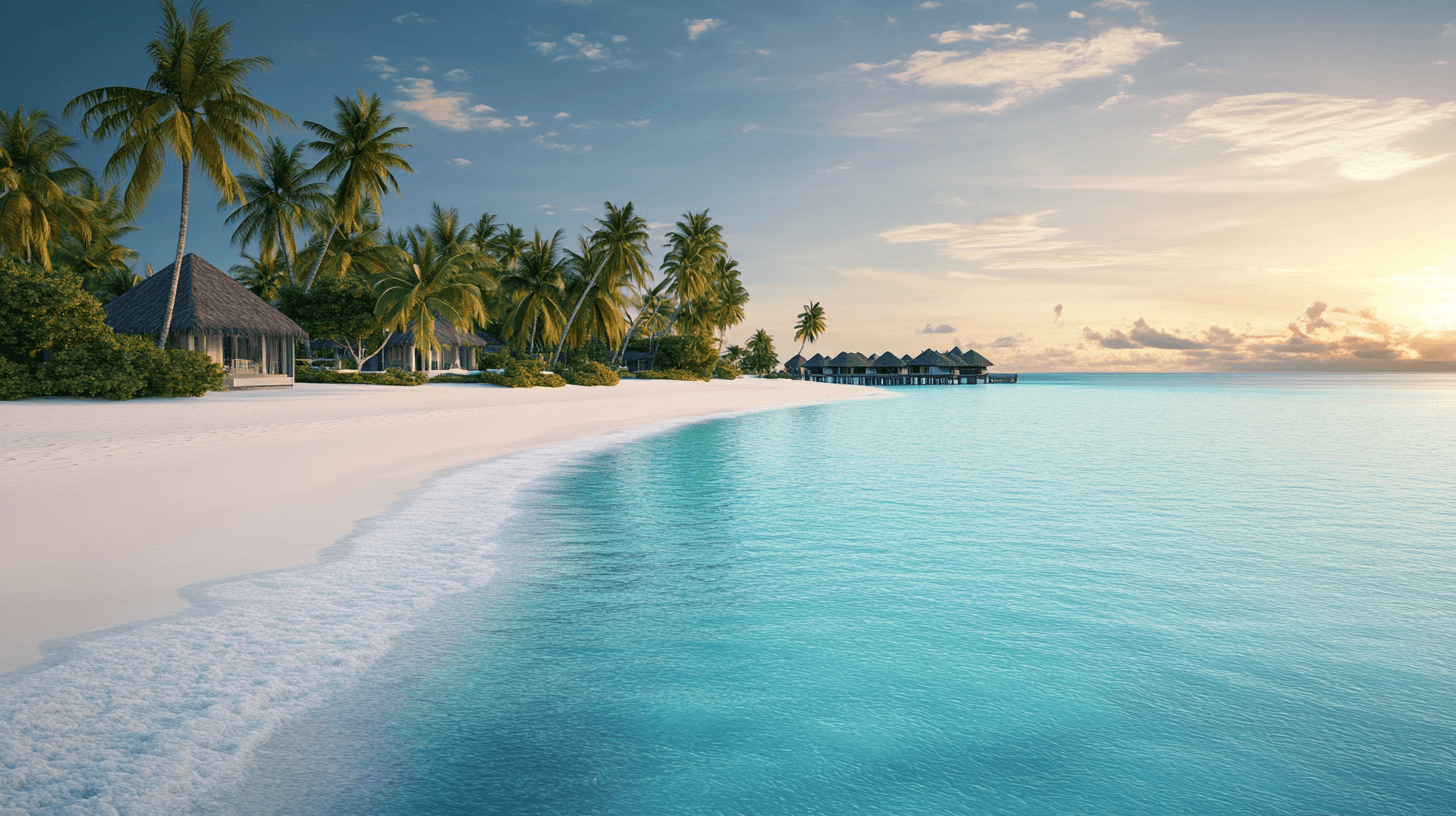 Luxury beach villas and overwater bungalows in the Maldives with turquoise waters and palm-lined shores at sunset