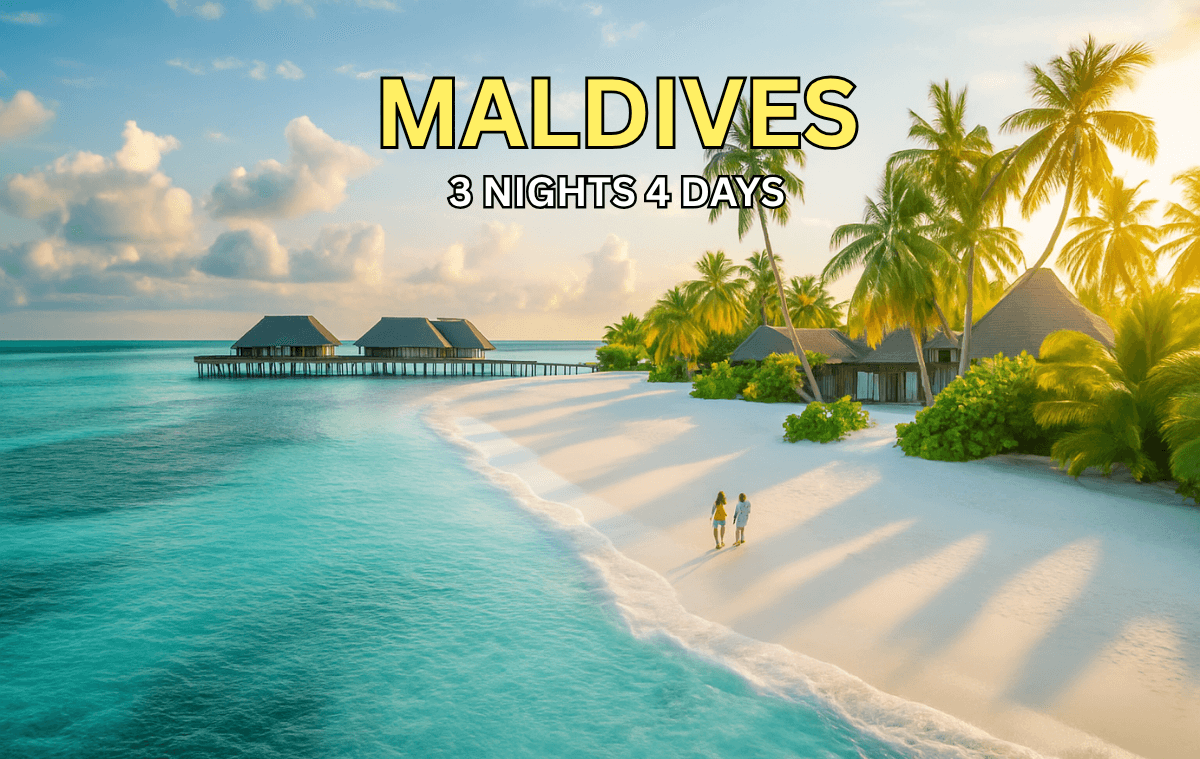 Couple walking along a luxury Maldives beach near overwater villas with turquoise water and palm trees at sunset