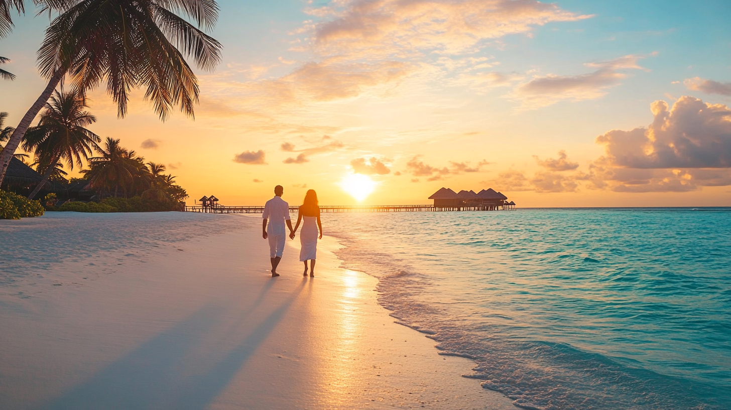 Couple walking hand-in-hand on a white sand beach in Maldives during sunset with overwater villas in the background.