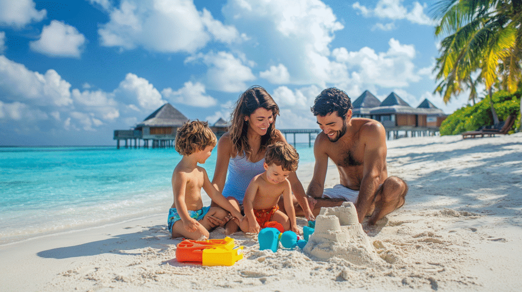 A happy family playing on a white sand beach in the Maldives with turquoise water and overwater villas in the background.
