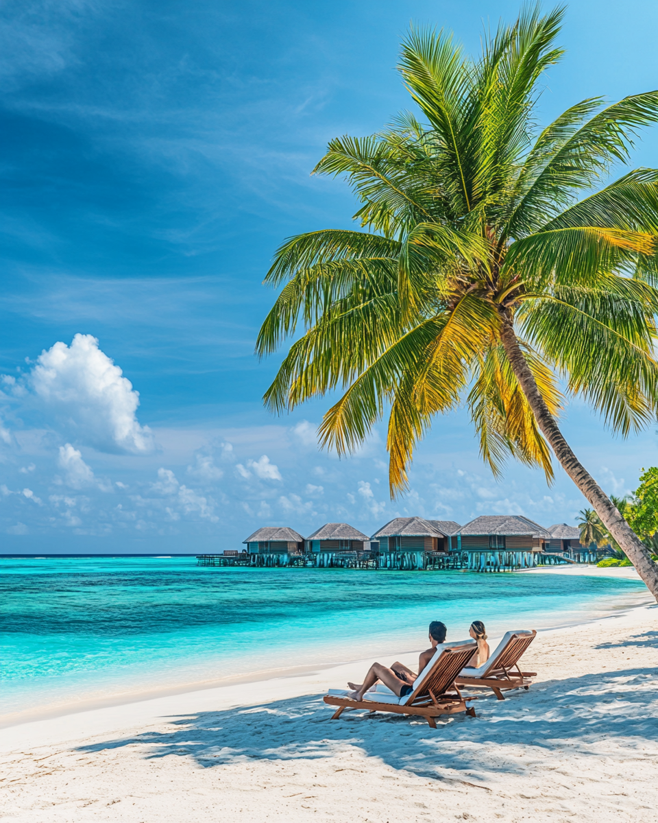 Couple relaxing under palm tree on white-sand beach with turquoise waters and overwater villas in the Maldives