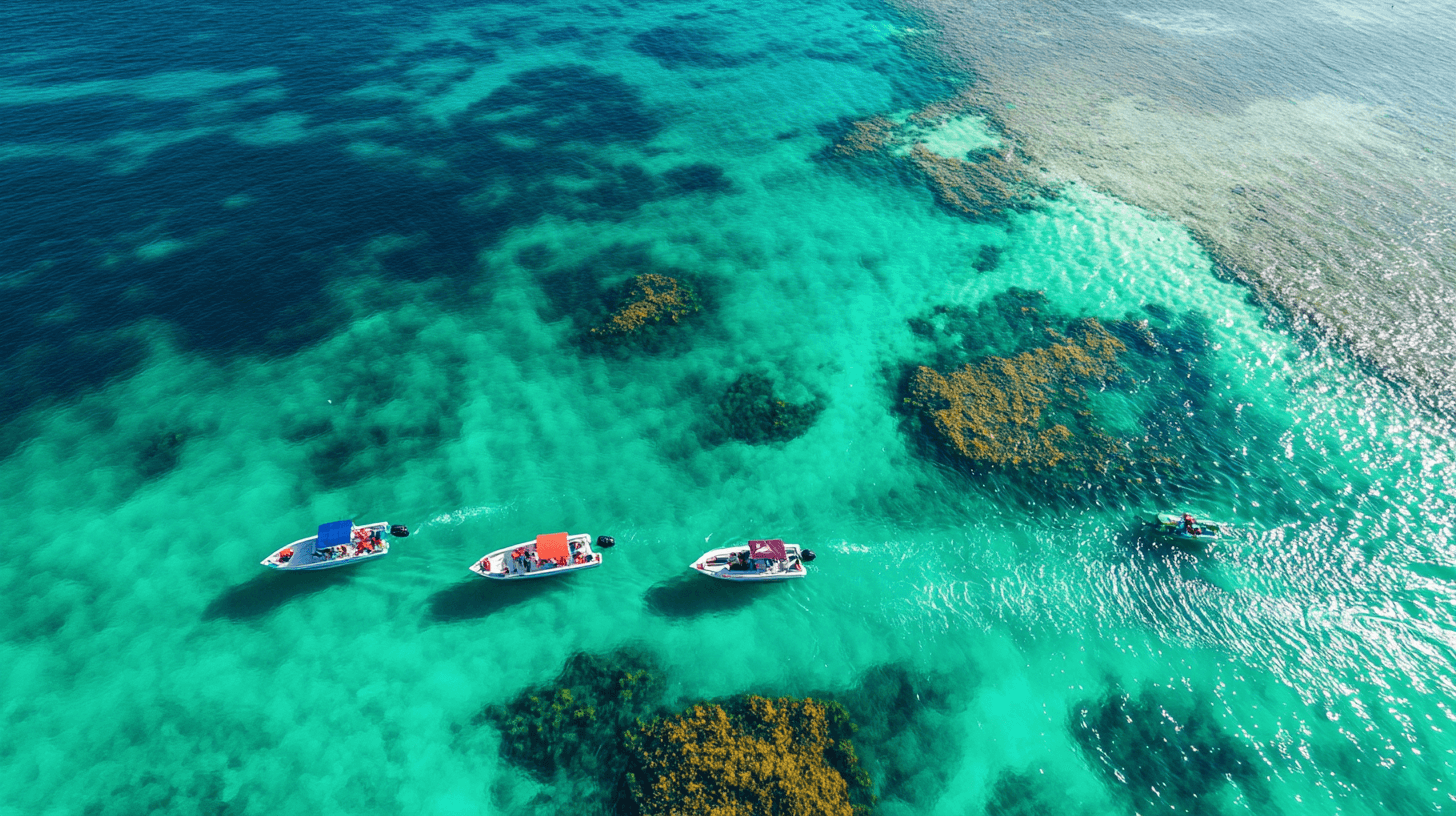 Aerial view of colorful speedboats cruising over clear turquoise waters and coral reefs during the Phu Quoc 4 Island Tour in Vietnam.