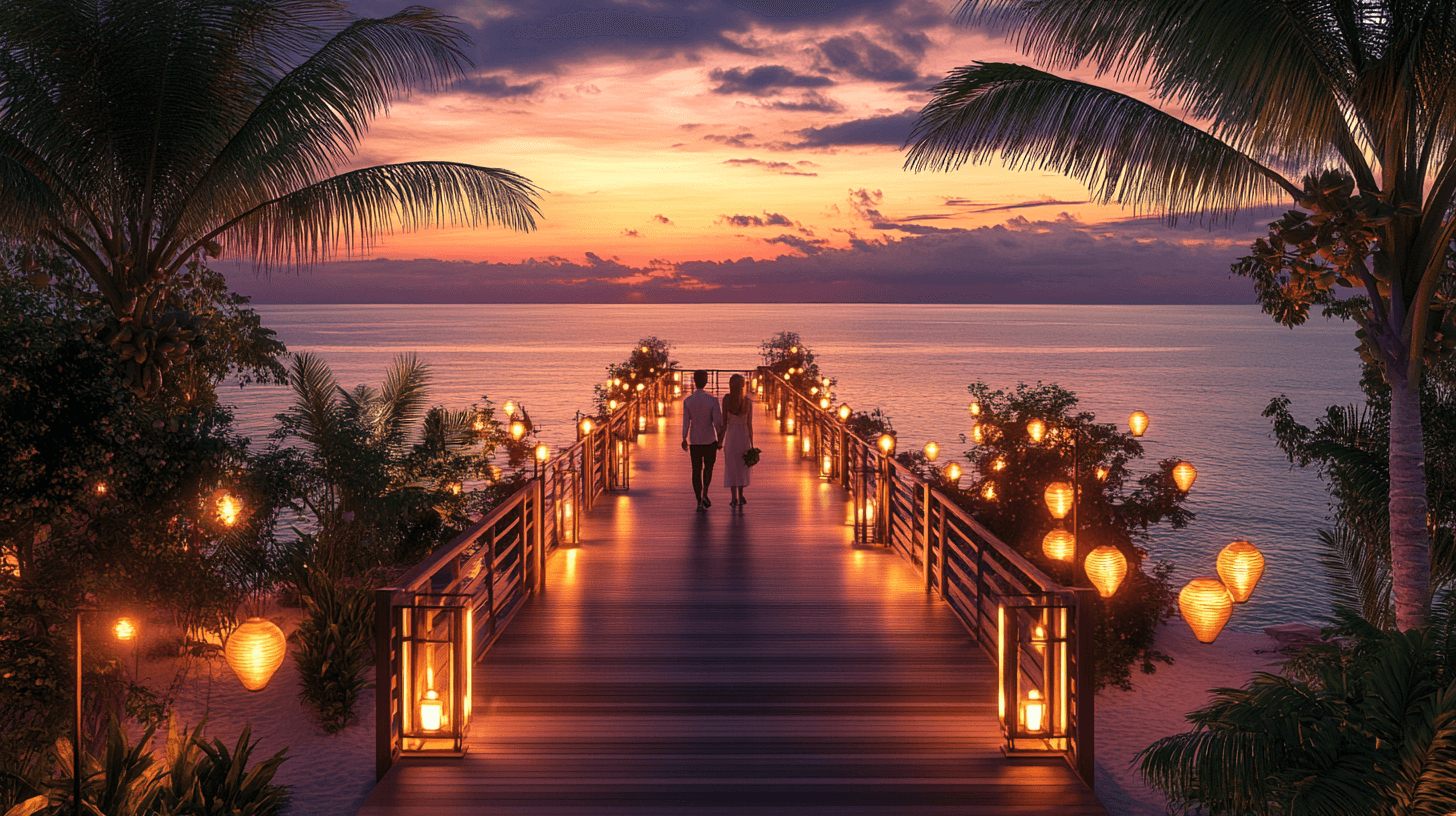 Romantic sunset view of Kissing Bridge in Phu Quoc, Vietnam, with a couple walking hand-in-hand surrounded by glowing lanterns and palm trees.
