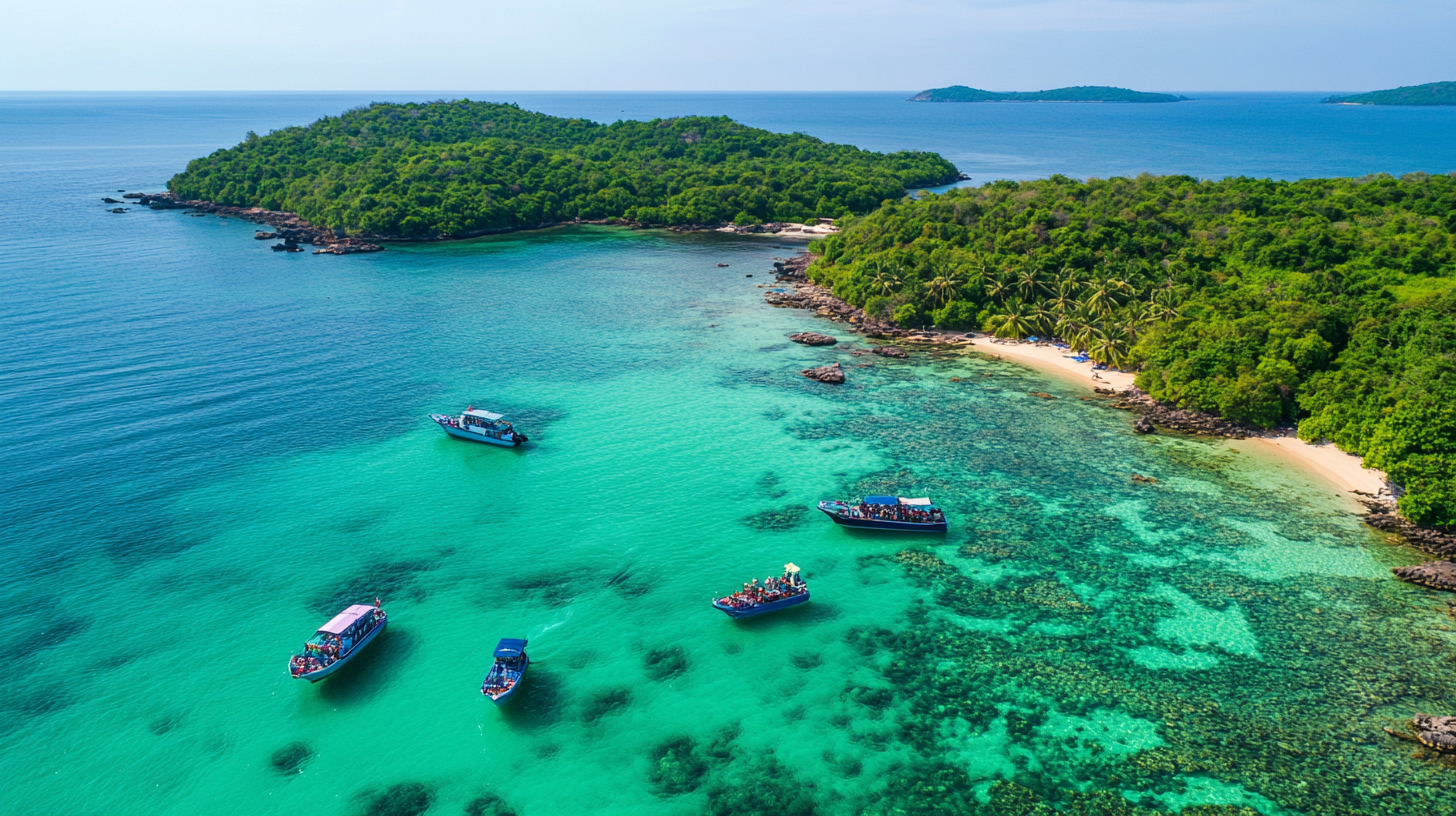 Aerial view of Phu Quoc’s 4 Island Tour with speedboats on turquoise waters, coral reefs below, and lush green islands under a clear blue sky – a perfect tropical escape from Kerala.