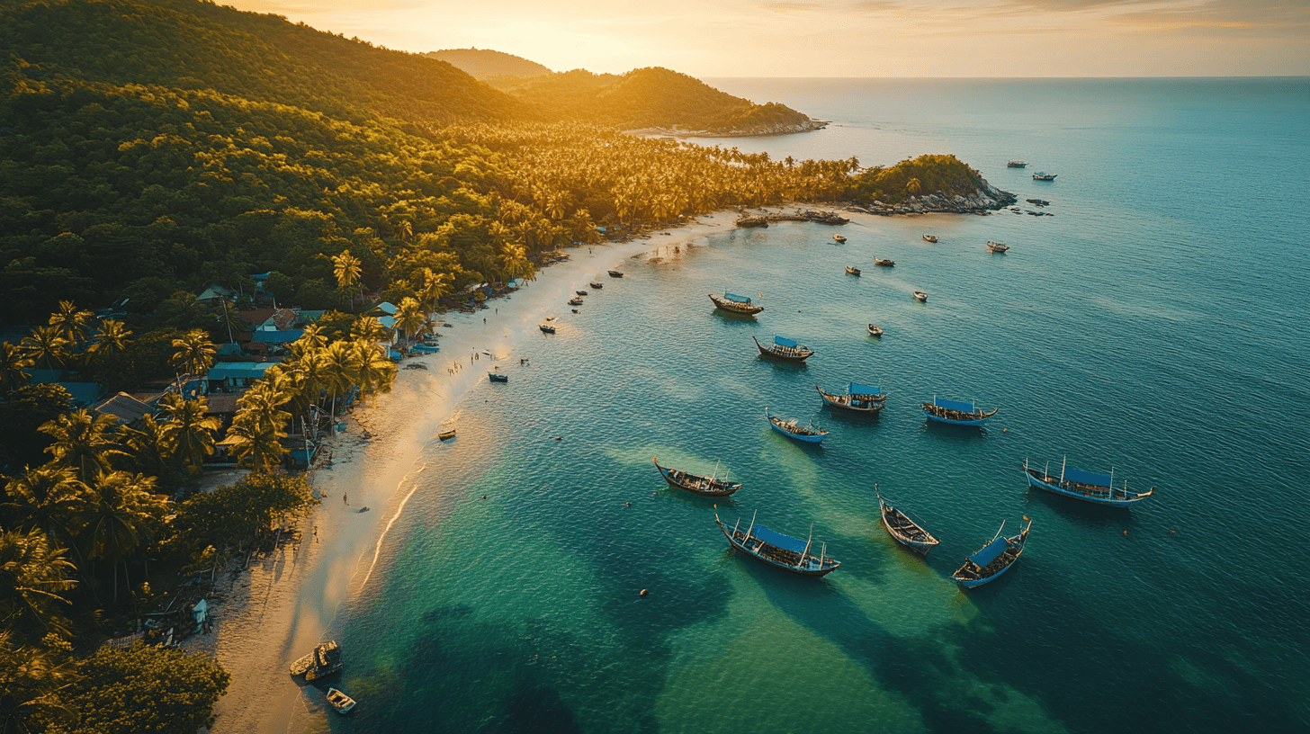 Aerial view of Phu Quoc Island beach and boats during golden sunset – Vietnam tour from Kerala