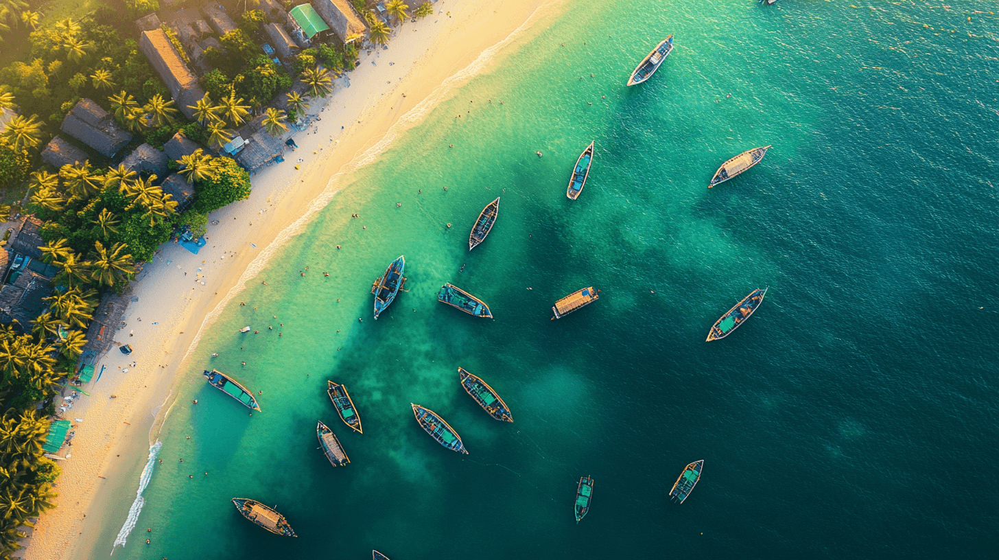 Aerial view of traditional boats along the beach in Phu Quoc Island, Vietnam – vibrant tour package from Kerala.
