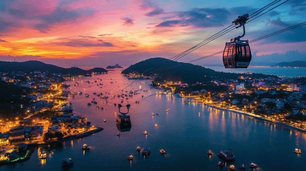 Night view of the Phu Quoc Hon Thom cable car gliding over a glowing coastline at sunset, with boats and mountains in view – ideal for Vietnam island tour promotions from Kerala.