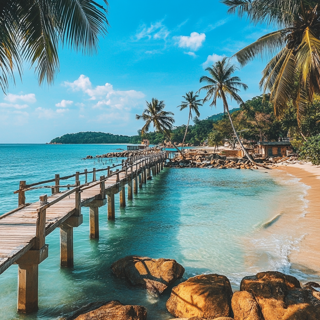 Phu Quoc Tour Package from Kerala – Wooden Pier Beachside View Wooden bridge stretching over turquoise water toward a palm-lined beach in Phu Quoc, Vietnam – perfect for promoting Kerala to Phu Quoc tropical tour packages.