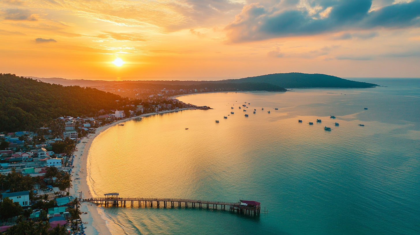 Aerial view of Phu Quoc coastline at sunset with golden waters, boats in the bay, and a wooden pier stretching into the sea – perfect for Vietnam tour package promotions from Kerala.