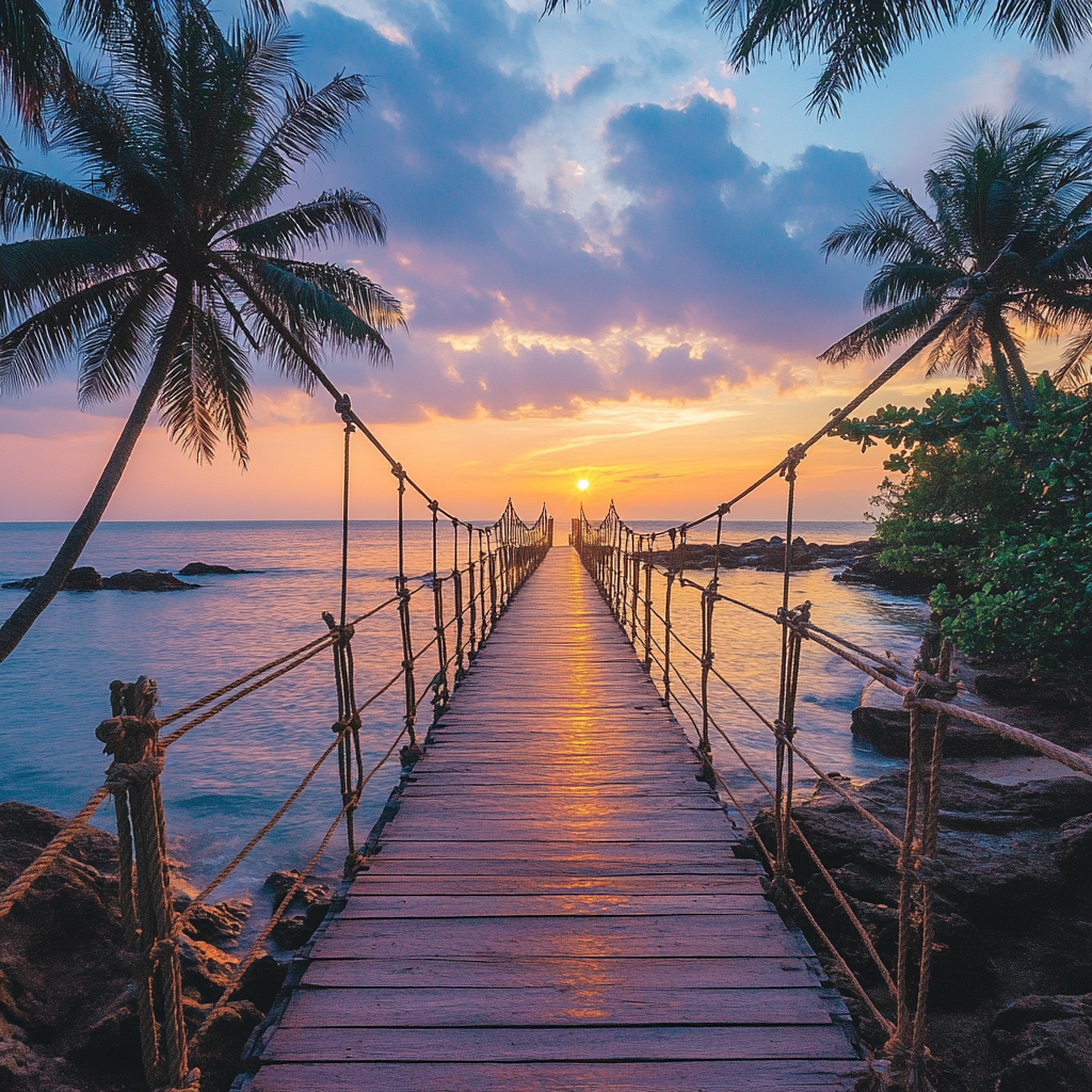 Suspension bridge leading into the sunset over calm ocean waters, framed by palm trees in Phu Quoc – romantic view from Kissing Bridge, perfect for Vietnam tour promotions.<br />

