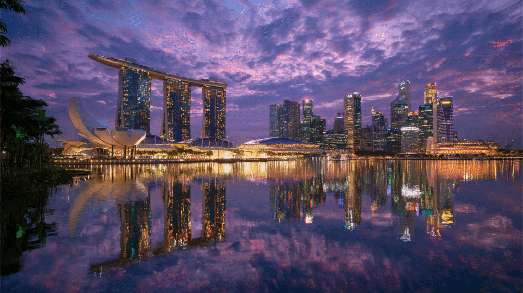 A stunning night view of Singapore Marina Bay Sands with city skyline reflecting in the bay waters, ideal for a Singapore Combo Tour from Kerala.