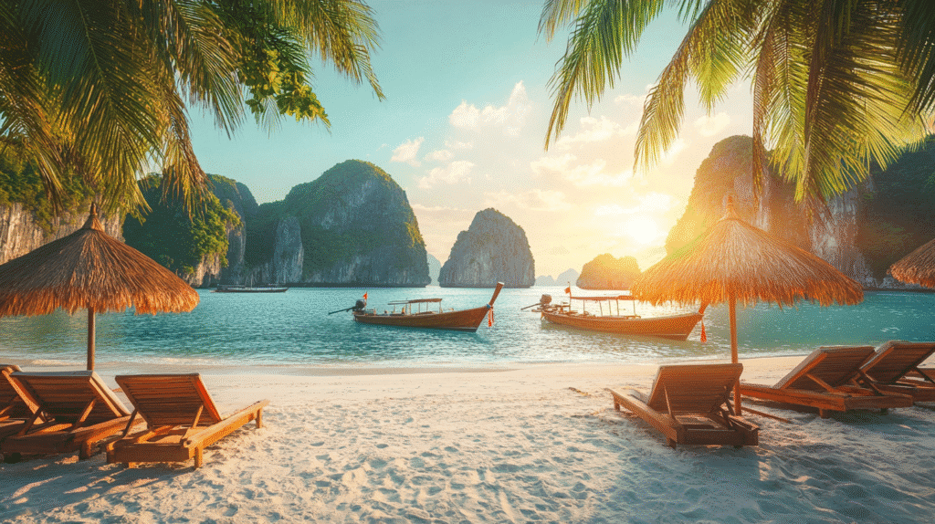 Romantic beach view in Vietnam at sunset with traditional boats, limestone cliffs, palm trees, and thatched umbrellas, perfect for honeymoon couples.