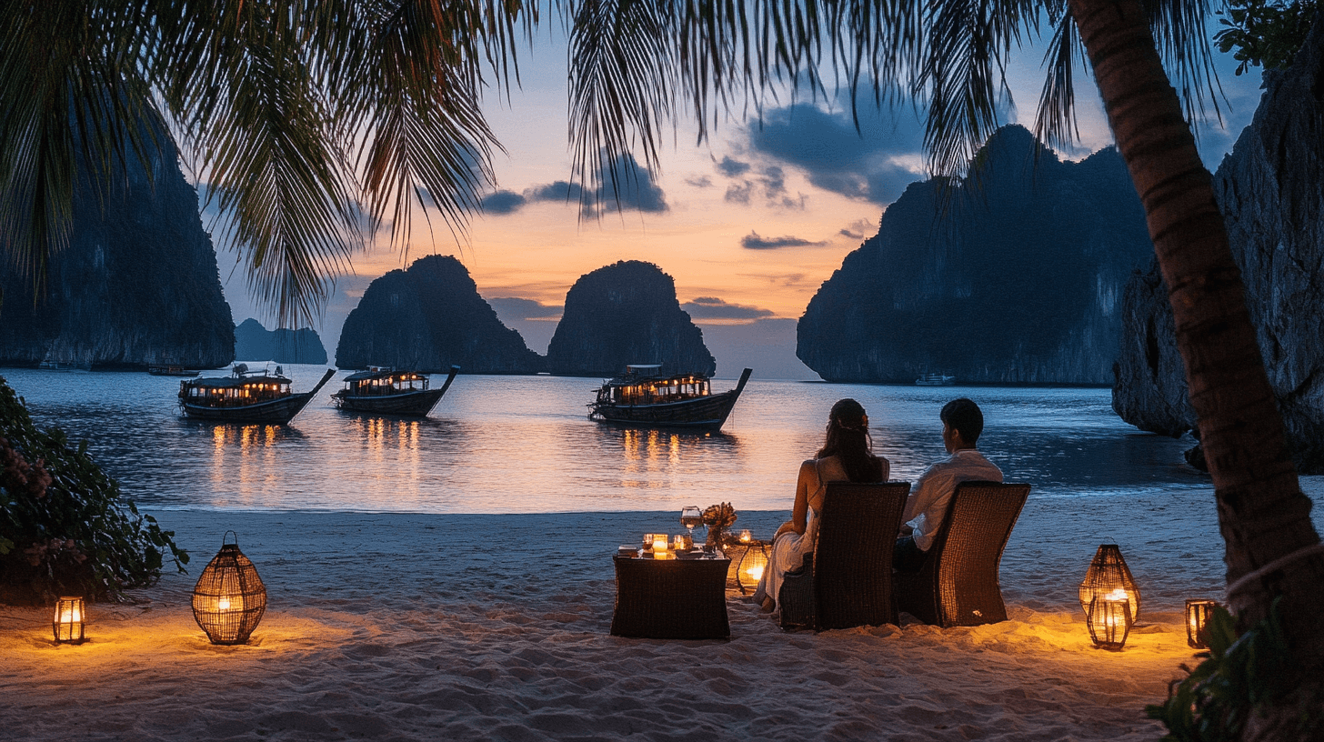 Romantic couple enjoying a candlelit beach dinner with Halong Bay view in Vietnam