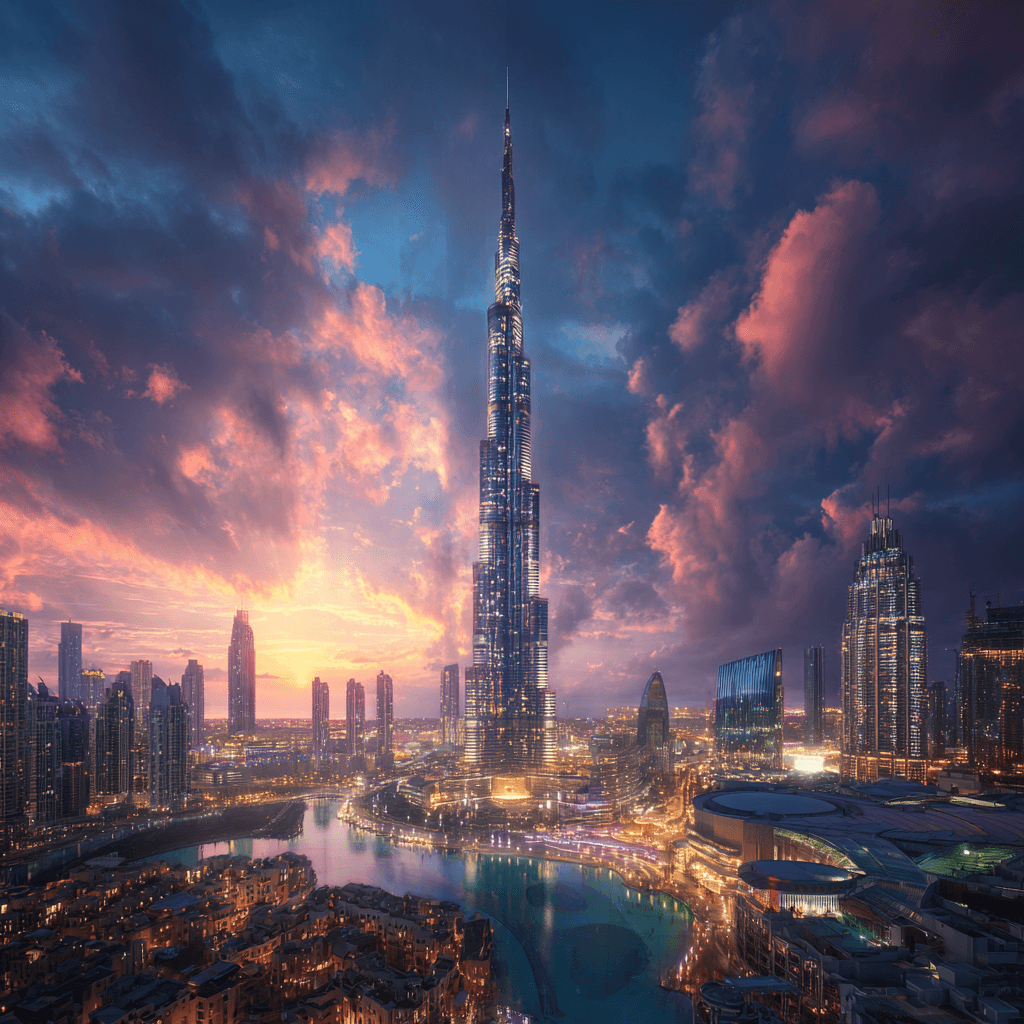 Dubai Group Departure Tour Package from Kerala | Burj Khalifa Experience Dubai group departure tour package from Kerala – Burj Khalifa towering over illuminated Dubai skyline at sunset