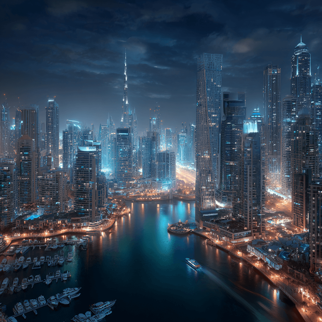 Dubai Group Departure Tour Package from Kerala | Dubai City Highlights Dubai group departure tour package from Kerala – illuminated Dubai Marina skyline with Burj Khalifa at night