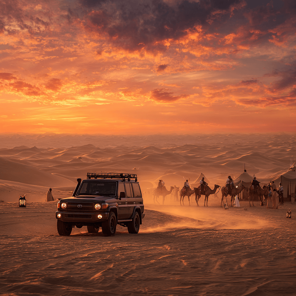 Dubai Group Departure Tour Package from Kerala | Desert Safari & City Experience Dubai group departure tour package from Kerala – thrilling desert safari with 4x4 SUV, camel caravan, and sunset dunes