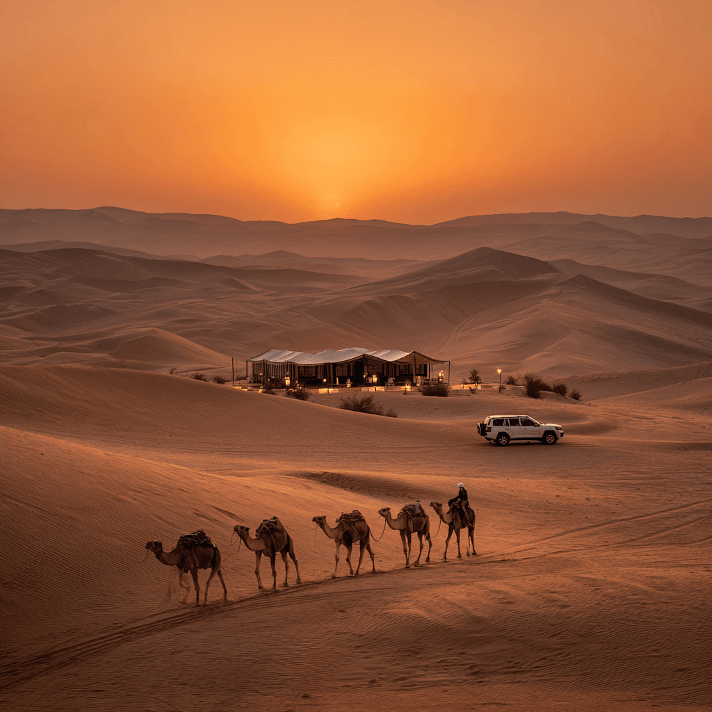 Dubai Group Departure Tour Package from Kerala | Desert Safari & City Highlights Dubai group departure tour package from Kerala – desert safari with camel caravan at sunset and luxury camp