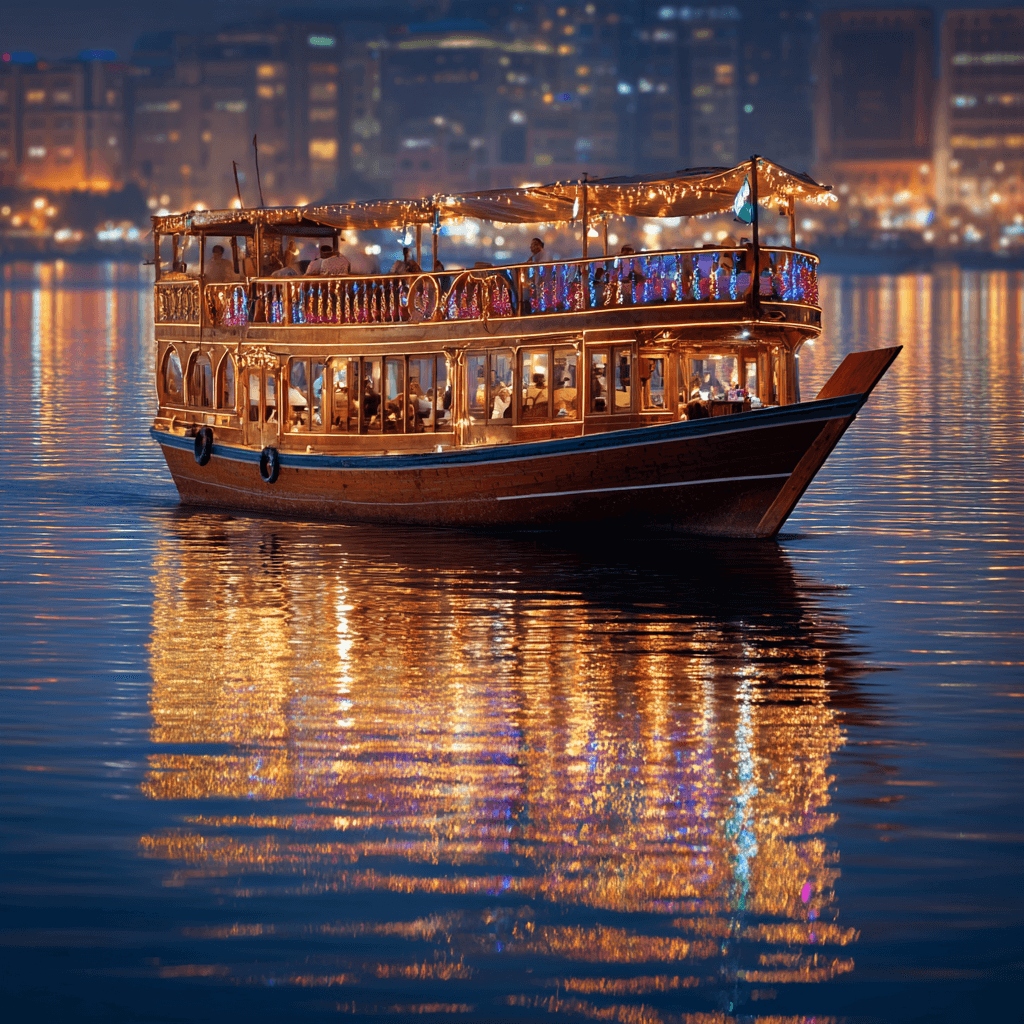 Dubai Group Departure Tour Package from Kerala | Dhow Cruise & City Highlights Dubai group departure tour package from Kerala – illuminated Dhow Cruise on Dubai Creek with city skyline at night