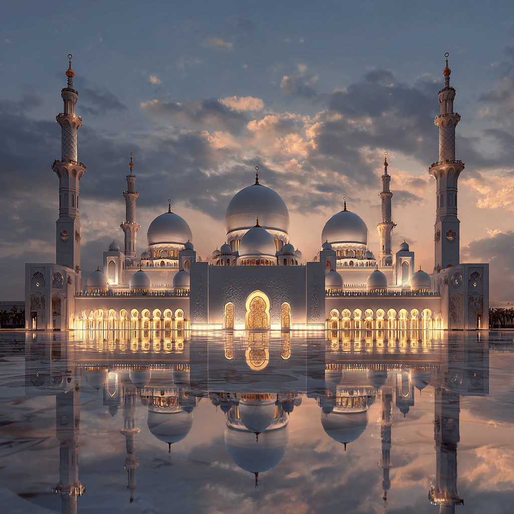 Dubai Group Departure Tour Package from Kerala | Grand Mosque & City Tour Dubai group departure tour package from Kerala – Sheikh Zayed Grand Mosque illuminated at twilight with reflections