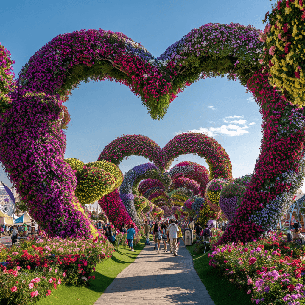 Dubai Group Departure Tour Package from Kerala | Miracle Garden & Attractions Dubai group departure tour package from Kerala – Miracle Garden with heart-shaped floral arches and vibrant flowers