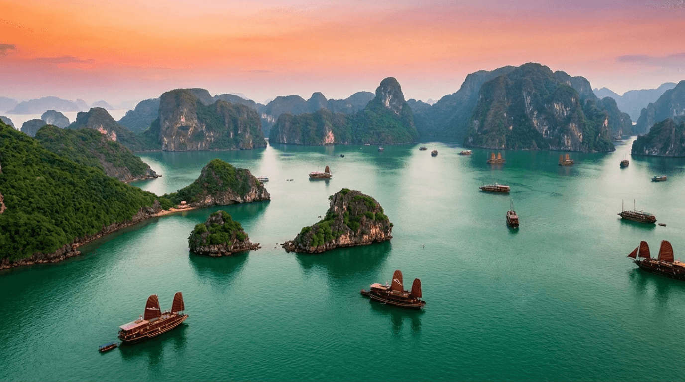Traditional wooden cruise boats sailing through limestone islands in Ha Long Bay, Vietnam at sunset