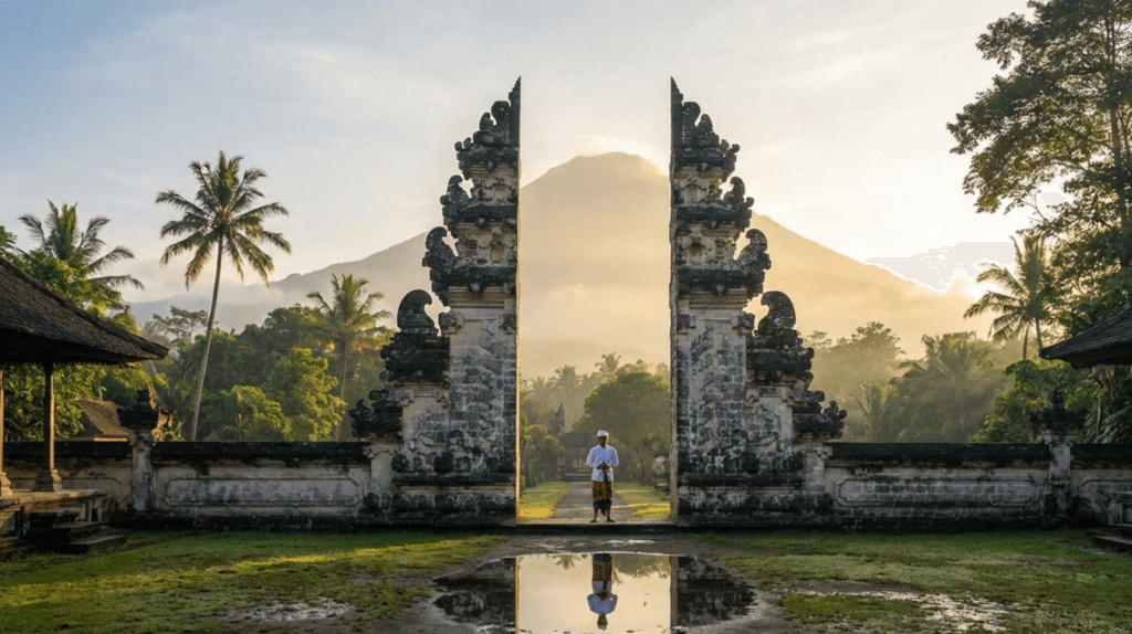 Lempuyang Temple Gate of Heaven in Bali with Mount Agung at sunrise