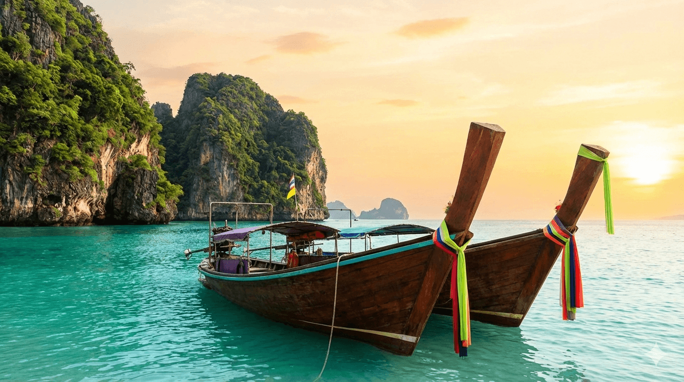 Traditional long-tail boats floating on turquoise sea near limestone cliffs in Thailand at sunset