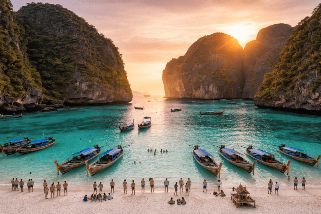 Tourists enjoying turquoise waters and long-tail boats at Phi Phi Islands beach in Thailand during sunset
