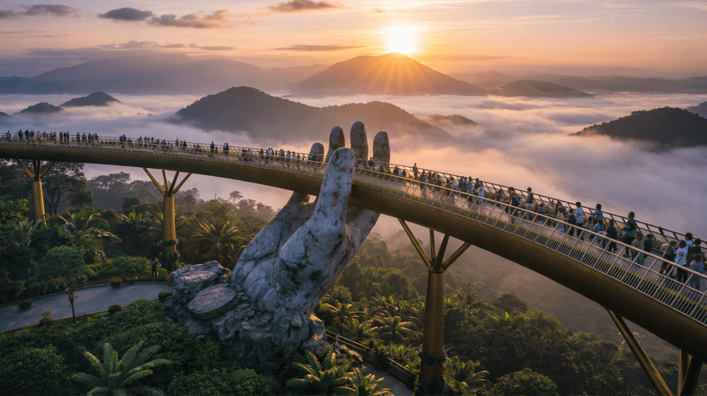 Scam-proof Vietnam travel guide image showing the Golden Bridge in Ba Na Hills with tourists walking above the clouds