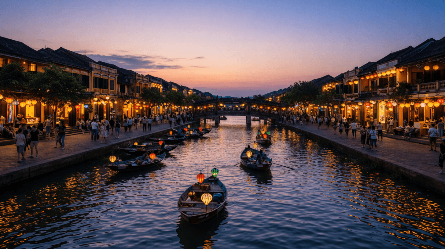 Kochi to Vietnam flights guide image showing Hoi An lantern river with boats and evening city lights