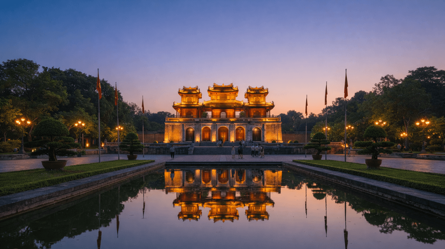 Scam-proof Vietnam travel guide image showing the Imperial City of Hue illuminated at dusk with reflections in water