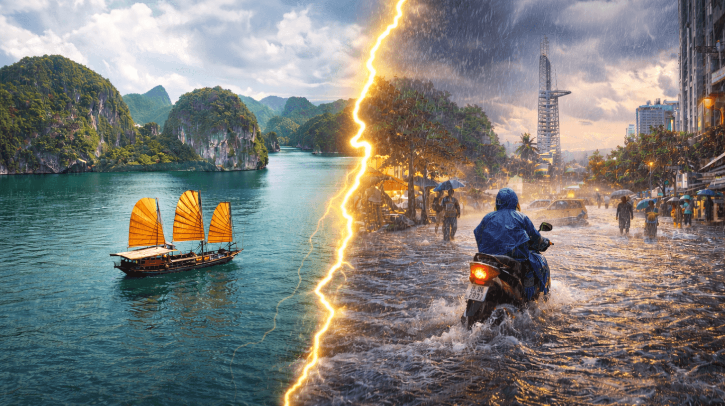 North vs South Vietnam weather comparison showing sunny Ha Long Bay in the north and heavy rain flooding streets in southern Vietnam during October