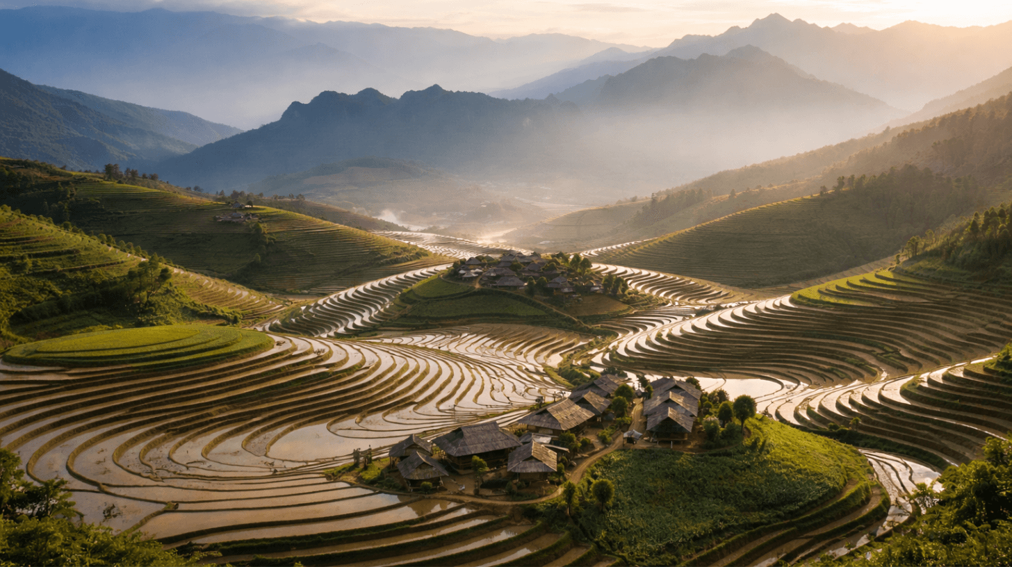 North Vietnam rice terraces in October with misty mountains and water-filled fields during monsoon season