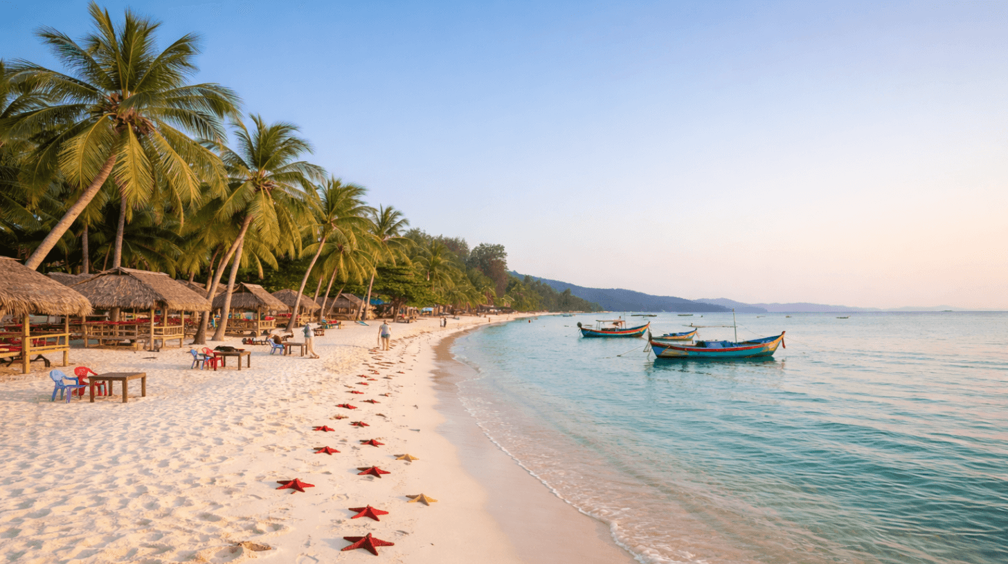 Palm-lined Phu Quoc Beach with fishing boats and starfish on white sand at sunset, Vietnam