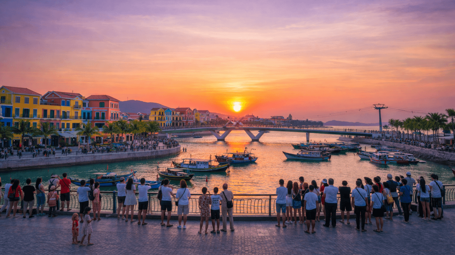 Sunset view of Phu Quoc waterfront with colorful buildings, boats, and tourists watching from the promenade