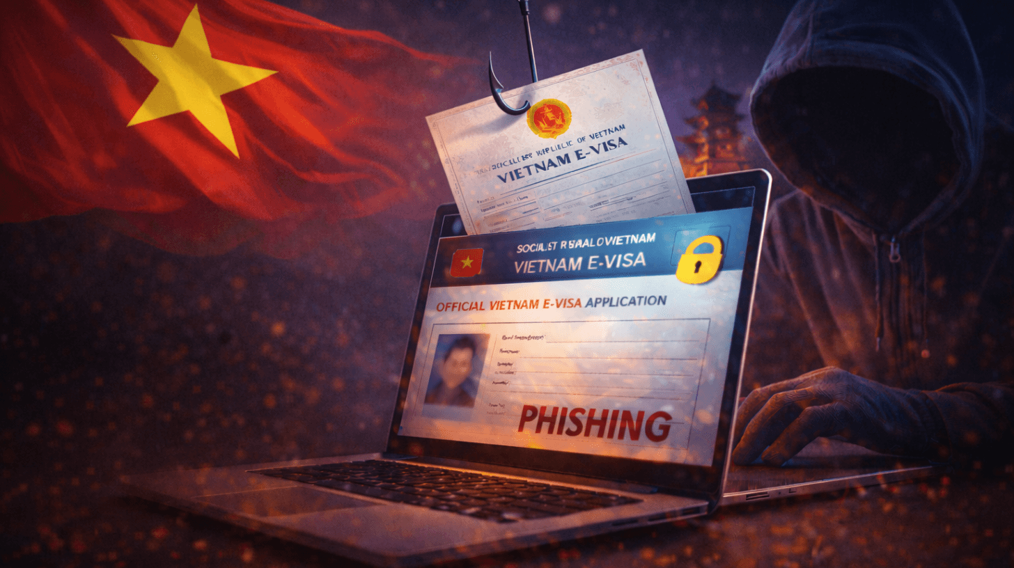 Vietnam e-visa phishing scam illustration showing a fake official Vietnam e-visa application, phishing hook, and cybercriminal warning
