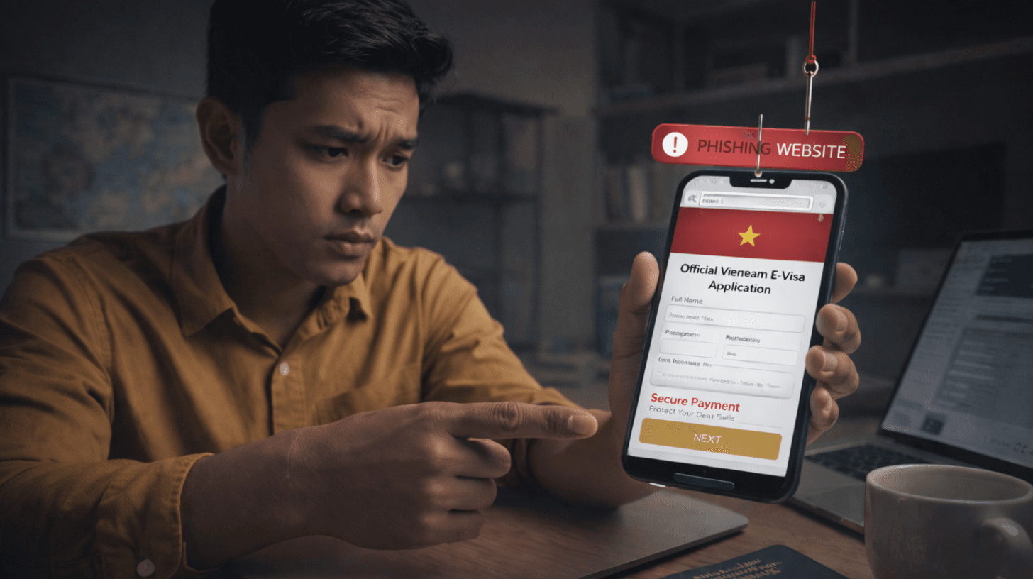 Vietnam e-visa phishing scam warning showing a traveler pointing at a fake official Vietnam e-visa application on a mobile phone