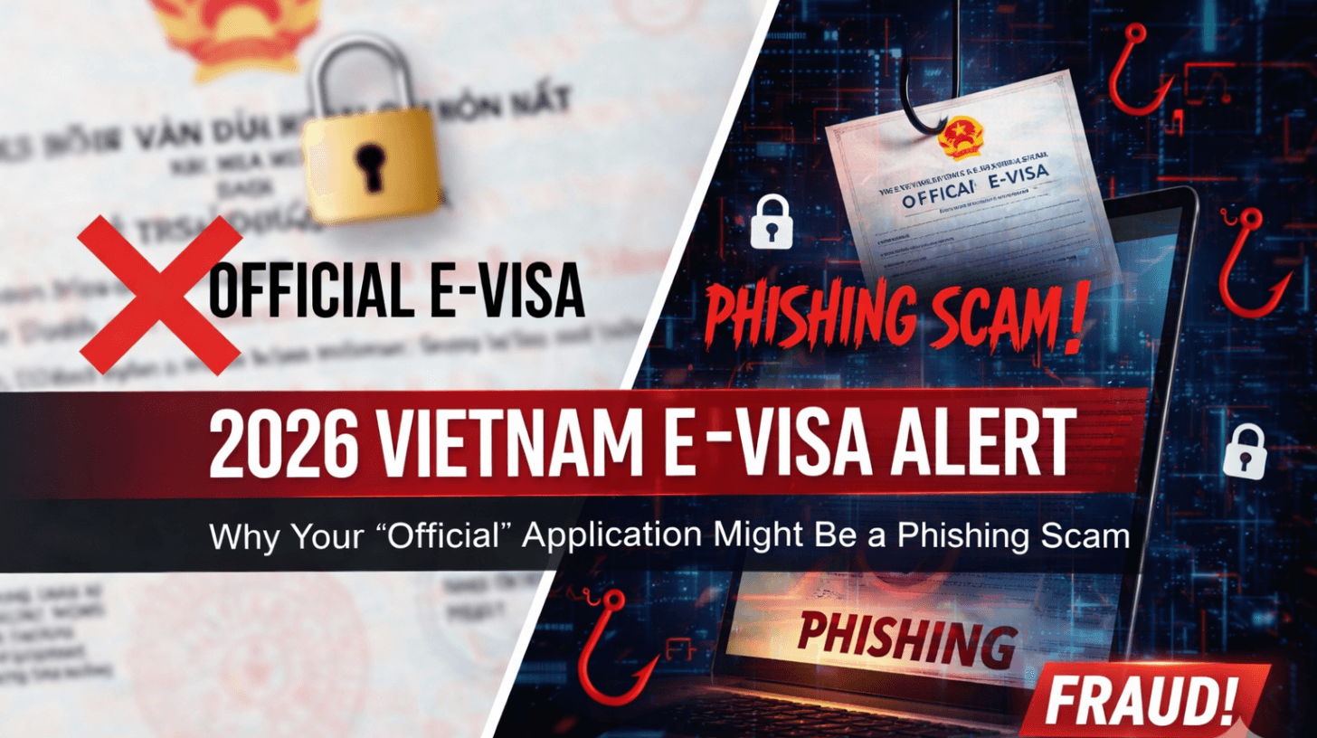 2026 Vietnam e-visa alert showing fake official e-visa websites, phishing scam warnings, and fraud indicators