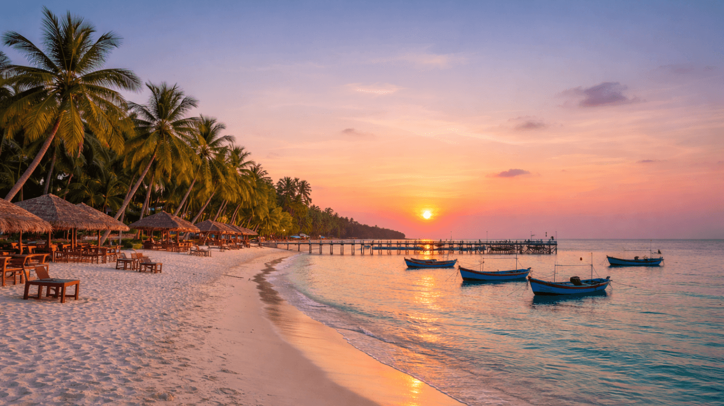 Phu Quoc beach sunset with wooden pier and fishing boats on calm sea, Vietnam
